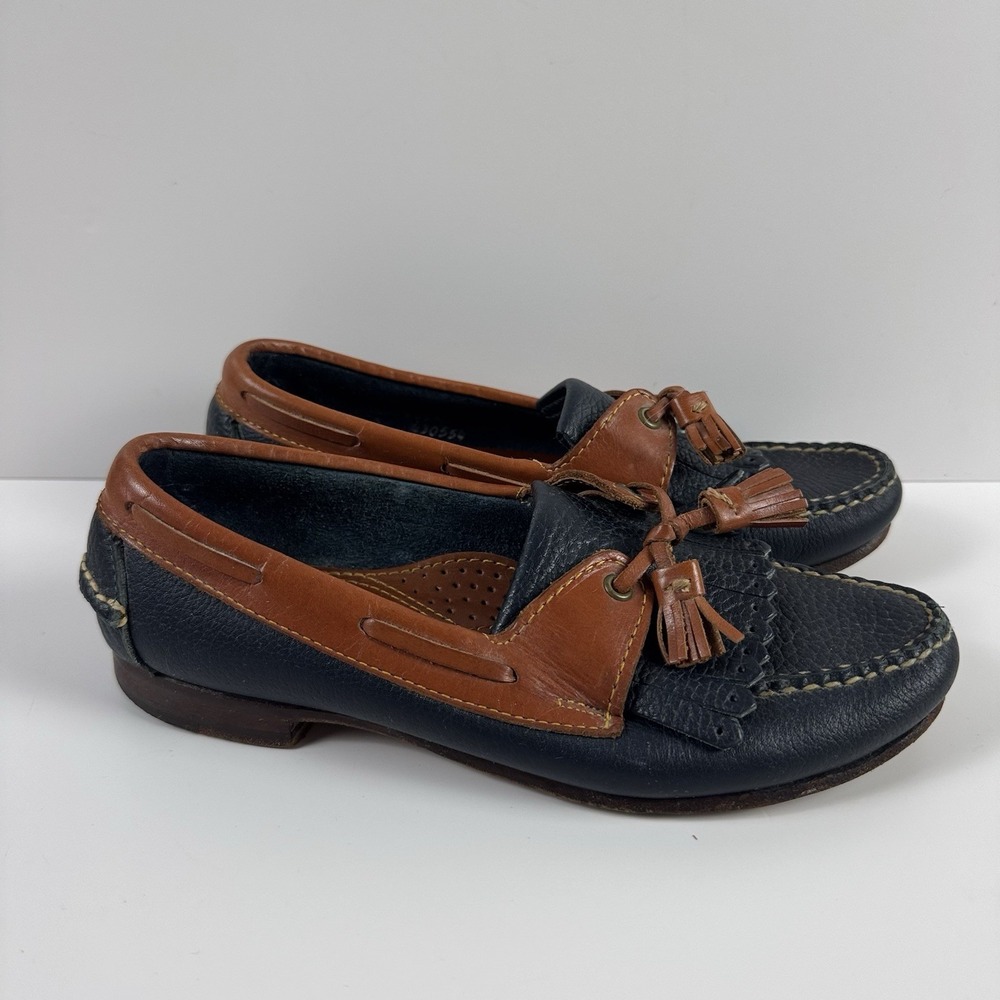 Vtg Dooney & Bourke Navy Pebbled Leather Kiltie Tassel Loafers Shoes Sz 7 B‎